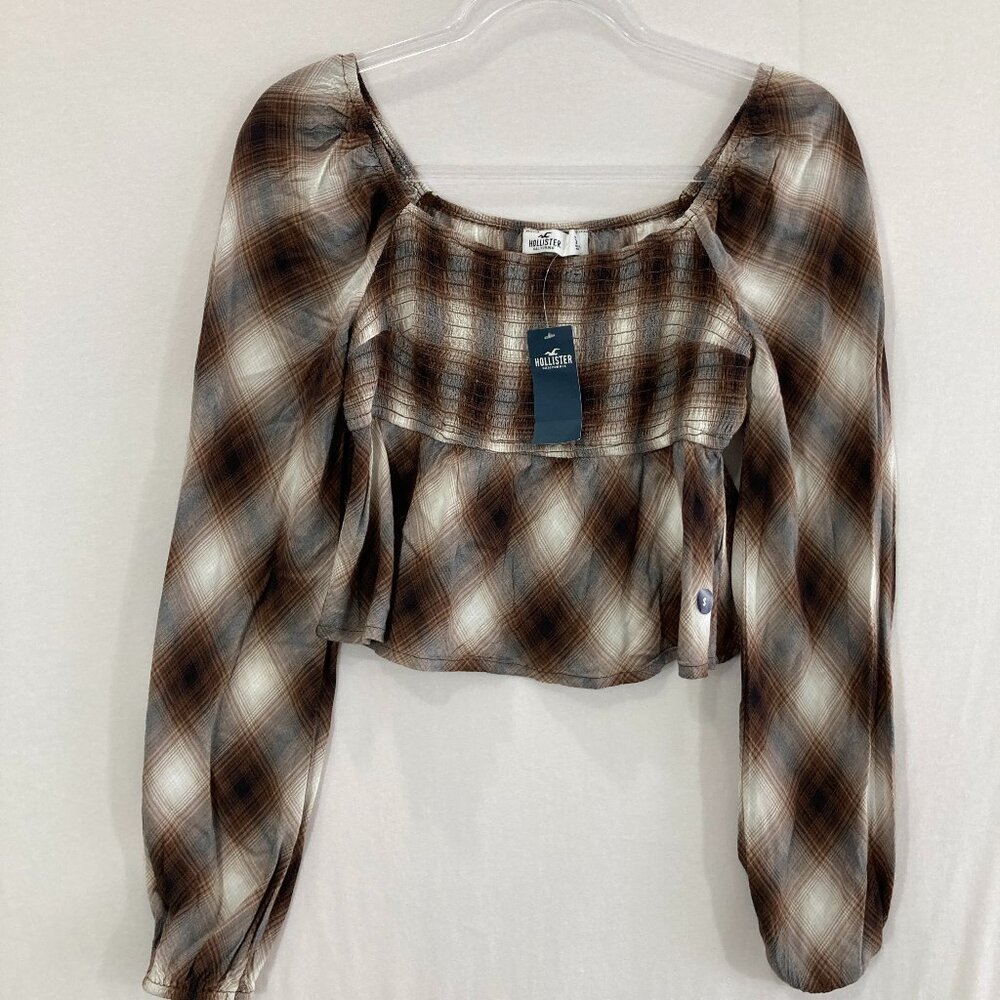 New Hollister Crop Top size Small Brown Plaid Smocked Square Top Feminine